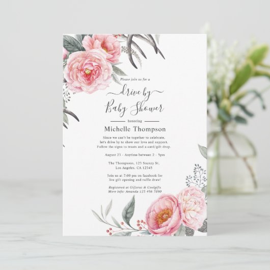 パステルピンクとグレーボホのフローラドライブ（シャワー付） 招待状 (スタンド正面)