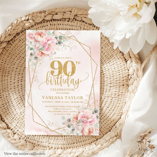 パステルピンクとゴールドの花々 90歳の誕生日 招待状