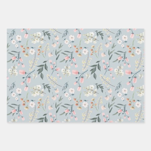 パステルピンクとセイジのワイルドフラワー・ウォーターカラー ラッピングペーパーシート (正面2)