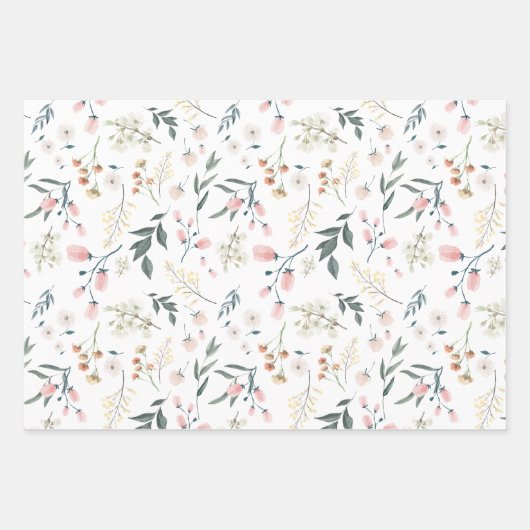 パステルピンクとセイジのワイルドフラワー・ウォーターカラー ラッピングペーパーシート (正面)