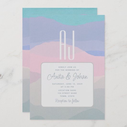 パステルピンクとダスティブルーモダンズ結婚 招待状 (正面/裏面)