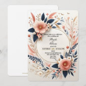 パステルピンクとネイビーの花柄結婚式招待状 招待状 (正面/裏面)