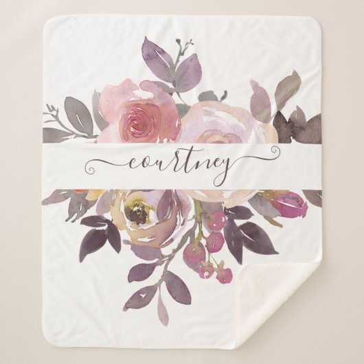 パステルピンクとパープルのフローラ パーソナライズされた シェルパブランケット (正面)