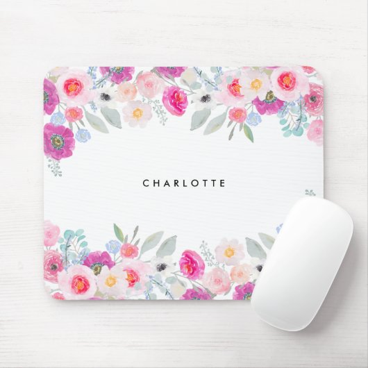 パステルピンクとパープルウォーター色のフローラガーランド マウスパッド (マウス)