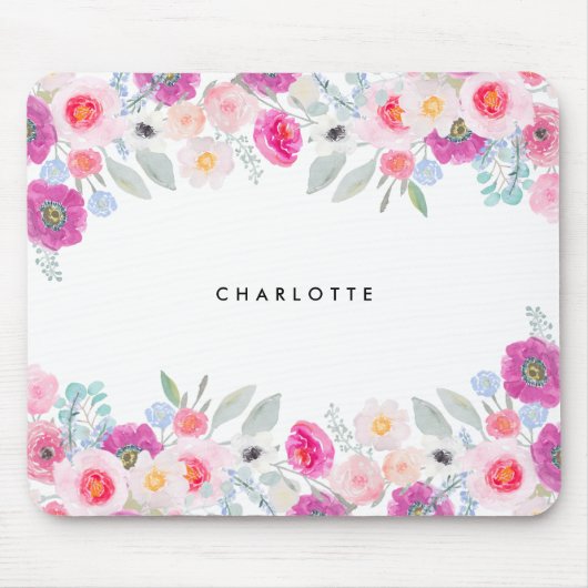 パステルピンクとパープルウォーター色のフローラガーランド マウスパッド (正面)