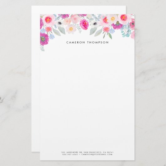パステルピンクとパープルウォーター色のフローラガーランド 便箋 (正面/裏面)