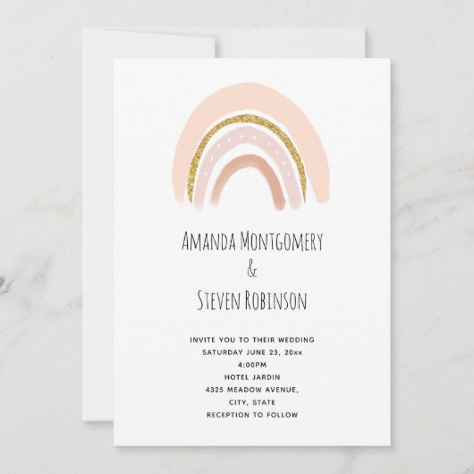 パステルピンクとフェイクグリッターのボヘミアンレインボーウェディング 招待状 (正面)