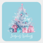 パステルピンクとブルーのお洒落クリスマスツリー スクエアシール (正面)