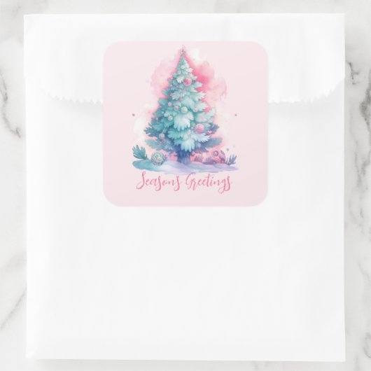 パステルピンクとブルーのお洒落クリスマスツリー スクエアシール (バッグ)