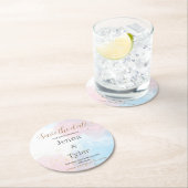 パステルピンクとブルーの水彩 Save the Date ラウンドペーパーコースター (インサイチュ)