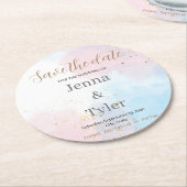 パステルピンクとブルーの水彩 Save the Date ラウンドペーパーコースター (アングル)