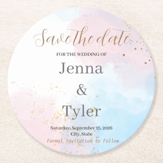 パステルピンクとブルーの水彩 Save the Date ラウンドペーパーコースター (正面)