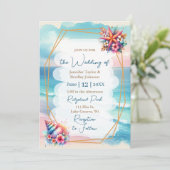パステルピンクとブルーの海の景色のウェディング 招待状 (スタンド正面)