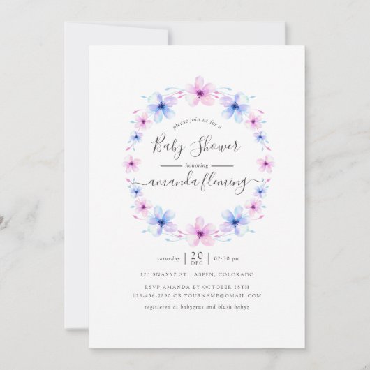 パステルピンクとブルーの花のベイビーシャワー 招待状 (正面)
