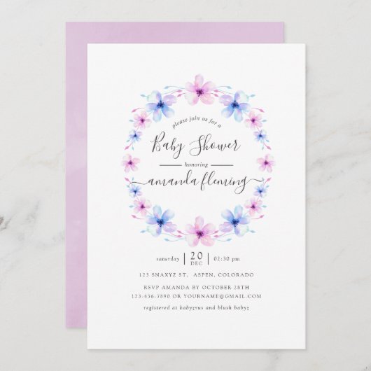 パステルピンクとブルーの花のベイビーシャワー 招待状 (正面/裏面)