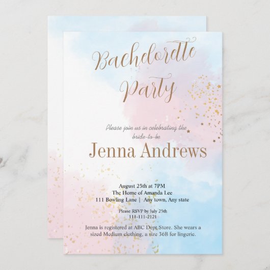 パステルピンクとブルーウォーターのカラーバチェロレッテ 招待状 (正面/裏面)