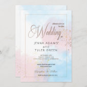 パステルピンクとブルーウォーターのカラー結婚式招待状 招待状 (正面/裏面)