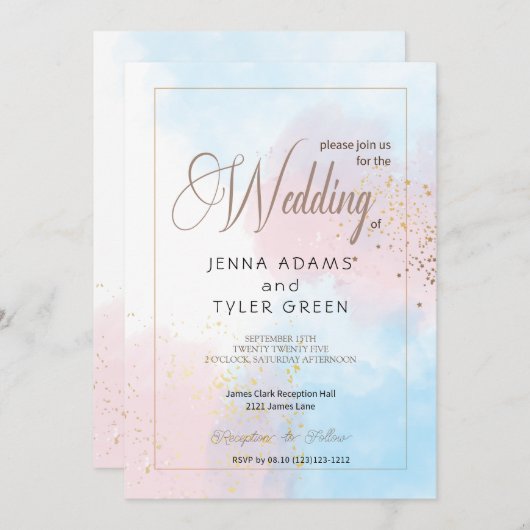 パステルピンクとブルーウォーターのカラー結婚式招待状 招待状 (正面/裏面)