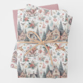 パステルピンクとブルークリスマスハウスアンドトナカイ ラッピングペーパーシート (インサイチュ)