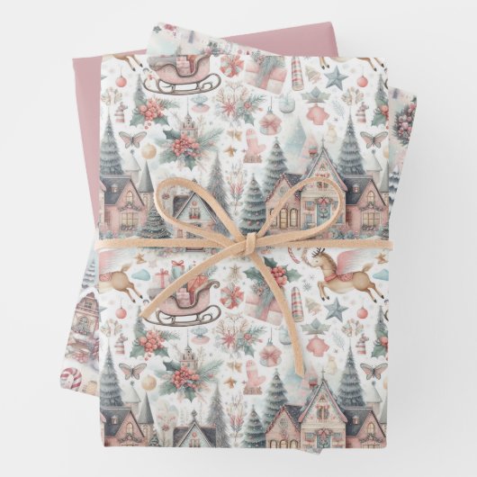 パステルピンクとブルークリスマスハウスアンドトナカイ ラッピングペーパーシート (インサイチュ)