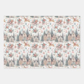 パステルピンクとブルークリスマスハウスアンドトナカイ ラッピングペーパーシート (正面)