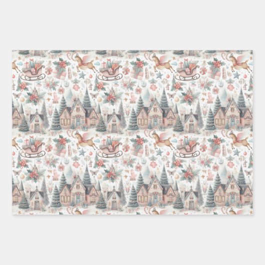 パステルピンクとブルークリスマスハウスアンドトナカイ ラッピングペーパーシート (正面)