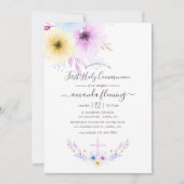 パステルピンクとブルーフローラファーストホーリーコミュニオン 招待状 (正面)