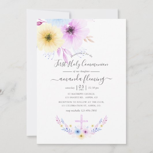 パステルピンクとブルーフローラファーストホーリーコミュニオン 招待状 (正面)