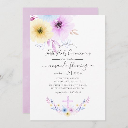 パステルピンクとブルーフローラファーストホーリーコミュニオン 招待状 (正面/裏面)