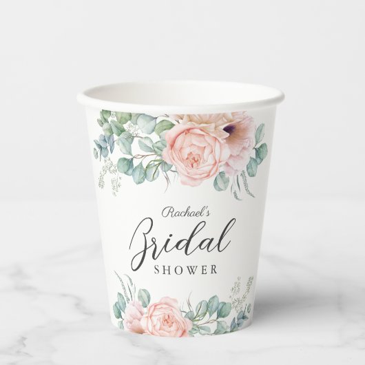 パステルピンクとベージュの水彩花のブライズシャワー 紙コップ (正面)