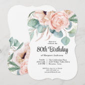 パステルピンクとベージュの水彩花の80歳の誕生日 招待状 (正面/裏面)