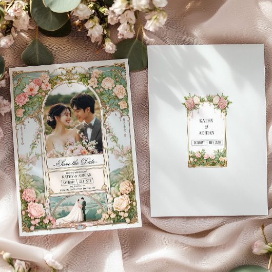 パステルピンクとホワイトの花のウェディング・セーブ・ザ・デート 招待状
