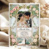 パステルピンクと白のフローラ結婚式の日付を保存 招待状