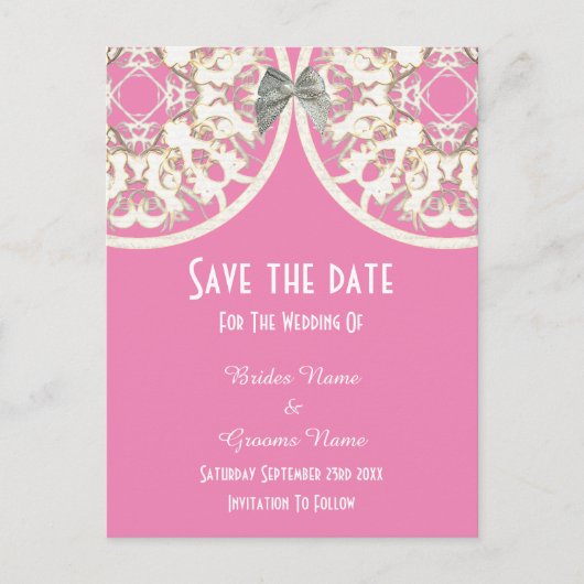 パステルピンクと白のレースのフィリーグリーの日付を保存 案内ポストカード (正面)