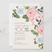 パステルピンクと白の花柄の女性の100歳の誕生日 招待状 (正面)