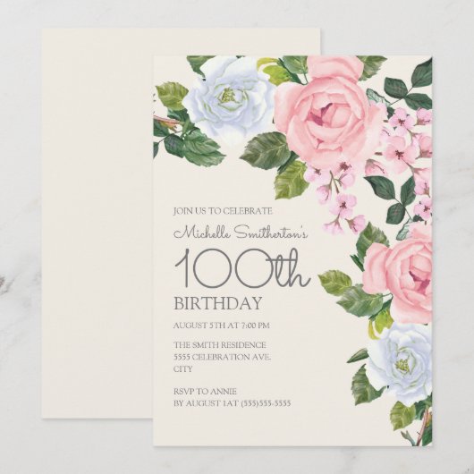 パステルピンクと白の花柄の女性の100歳の誕生日 招待状 (正面/裏面)