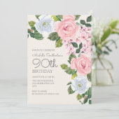 パステルピンクと白の花柄の女性の90歳の誕生日 招待状 (スタンド正面)