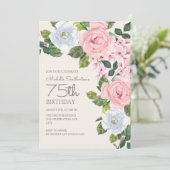 パステルピンクと白の花柄の75歳の誕生日 招待状 (スタンド正面)
