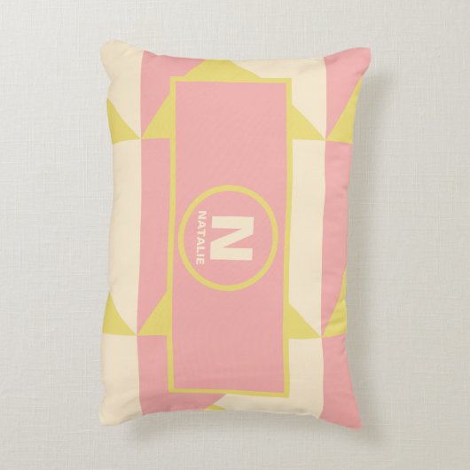 パステルピンクと黄色の形状とモノグラム名 アクセントクッション (裏面(縦))