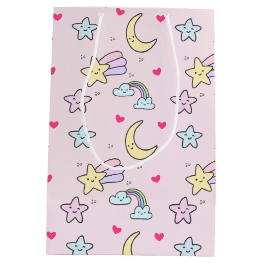パステルピンクに可愛い月、星、雲の模様 ミディアムペーパーバッグ (裏面)