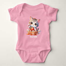 パステルピンクのかわいい子猫とデザートワッフル ベビーボディスーツ