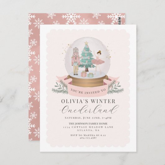 パステルピンクのくるみ割り人形の1歳の誕生日パーティー招待状 ポストカード (正面/裏面)