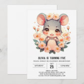 パステルピンクのねずみ誕生日 招待状 (正面/裏面)