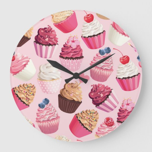 パステルピンクのカップケーキ：ヴィンテージパターン。 ラージ壁時計 (正面)