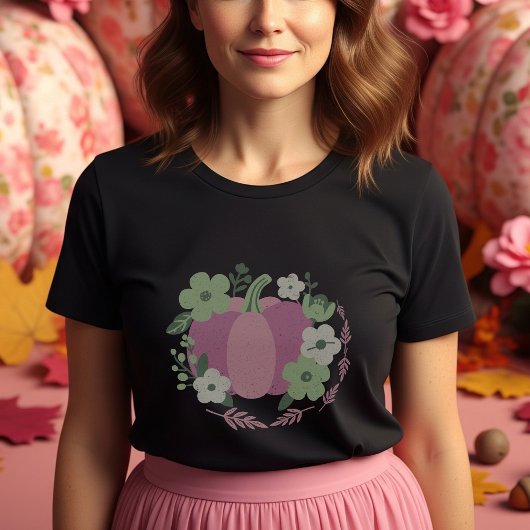 パステルピンクのカボチャと緑と白の花 Tシャツ