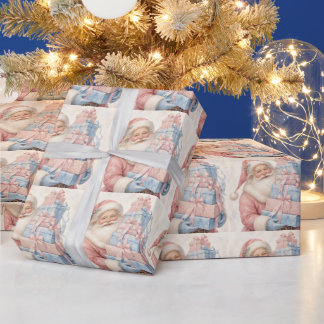 パステルピンクのクリスマスサンタクロースとプレゼント ラッピングペーパー