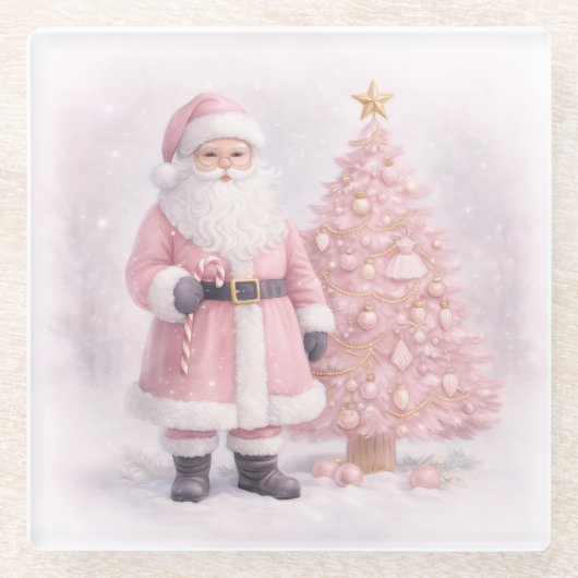 パステルピンクのクリスマスサンタクロース ガラスコースター (正面)