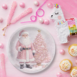 パステルピンクのクリスマスサンタクロース ペーパープレート