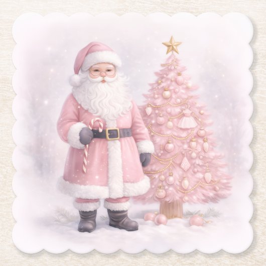パステルピンクのクリスマスサンタ ペーパーコースター (正面)