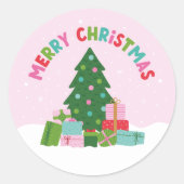 パステルピンクのクリスマスタリーとプレゼント ラウンドシール (正面)